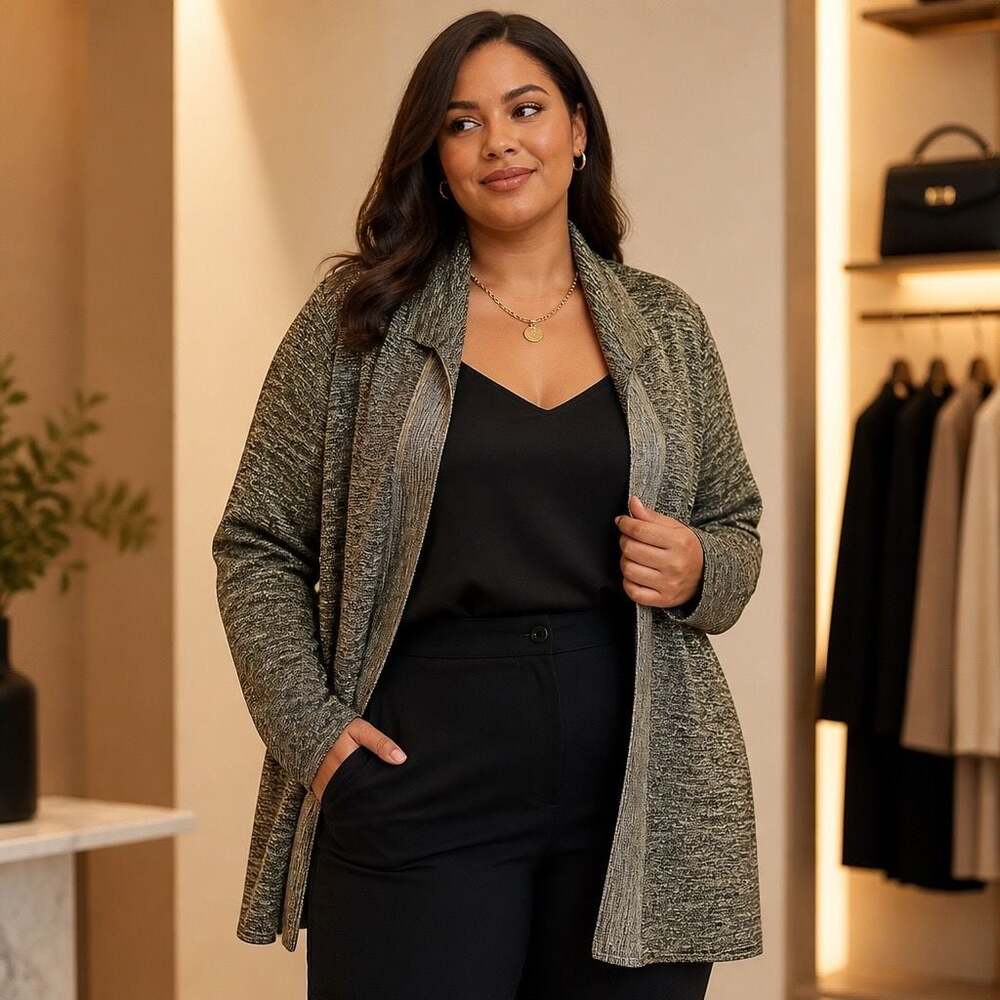 Exclusively Misook Woman Metallic Knit Open-Front Blazer Cardigan 2X